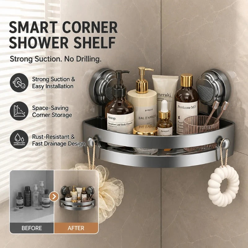 Shower Corner Shelf No-Drill Suction Mount Fast-Draining