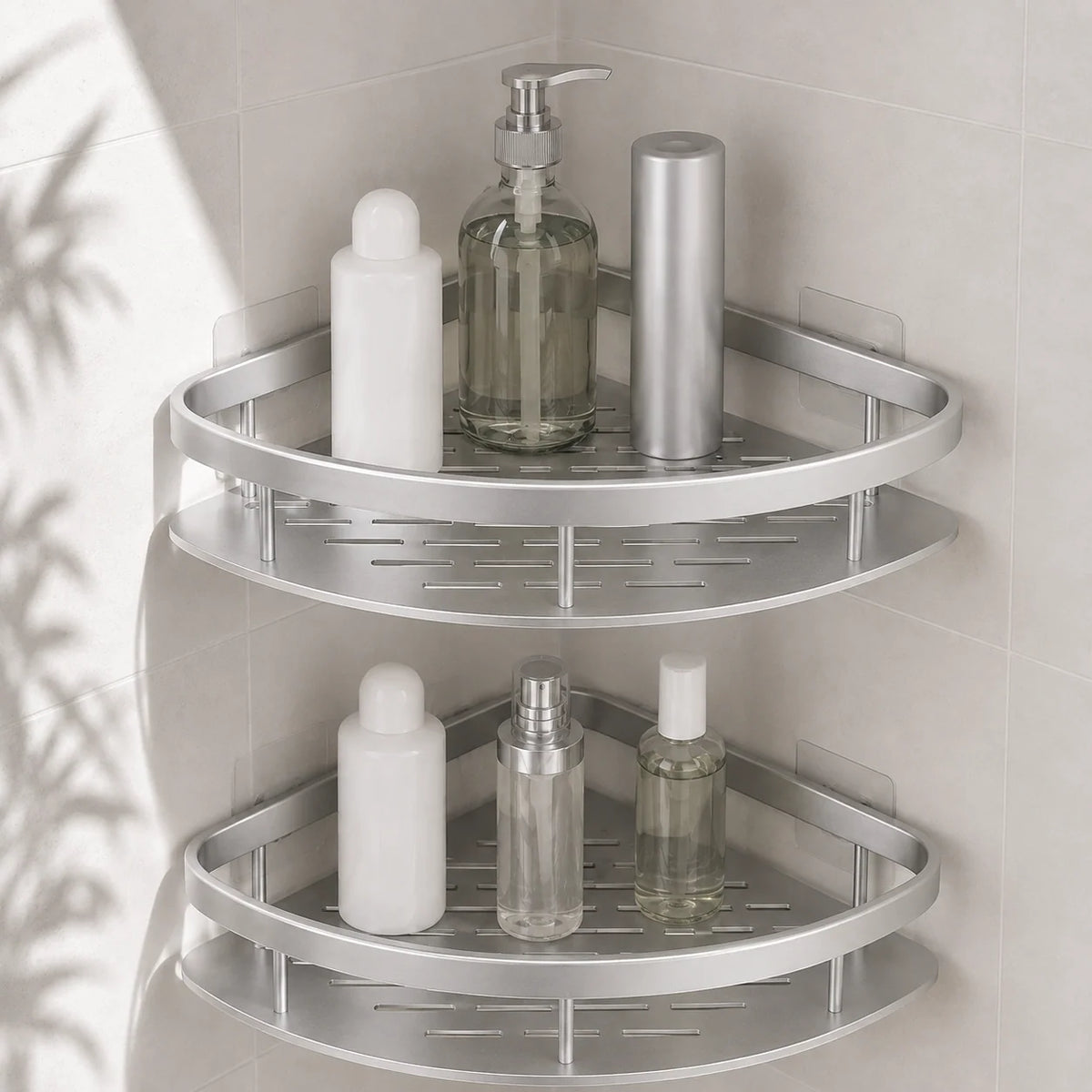 Shower Shelf Aluminum Corner No-Drill Adhesive Mounting Open Drainage