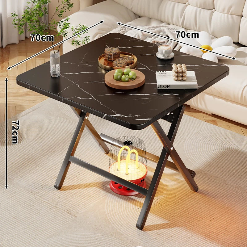 Side Table Marble-Effect Top Foldable X-Leg Design