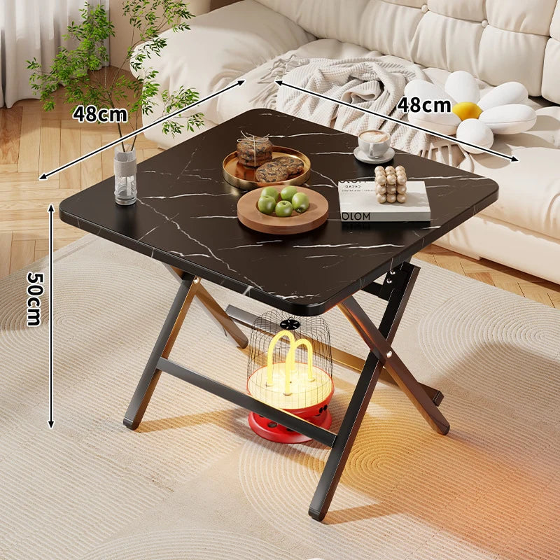 Side Table Marble-Effect Top Foldable X-Leg Design