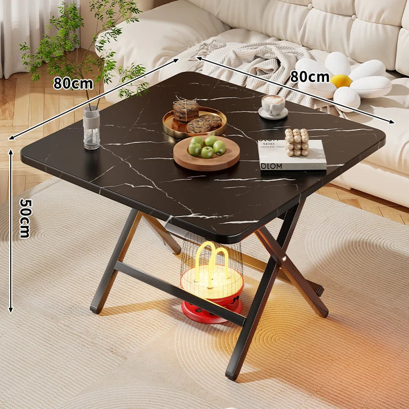 Side Table Marble-Effect Top Foldable X-Leg Design