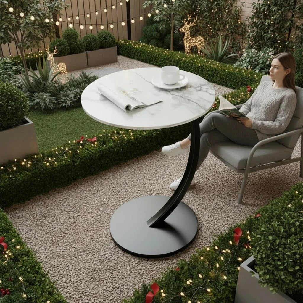 Side Table Wood And Steel Round Design Compact for Small Spaces