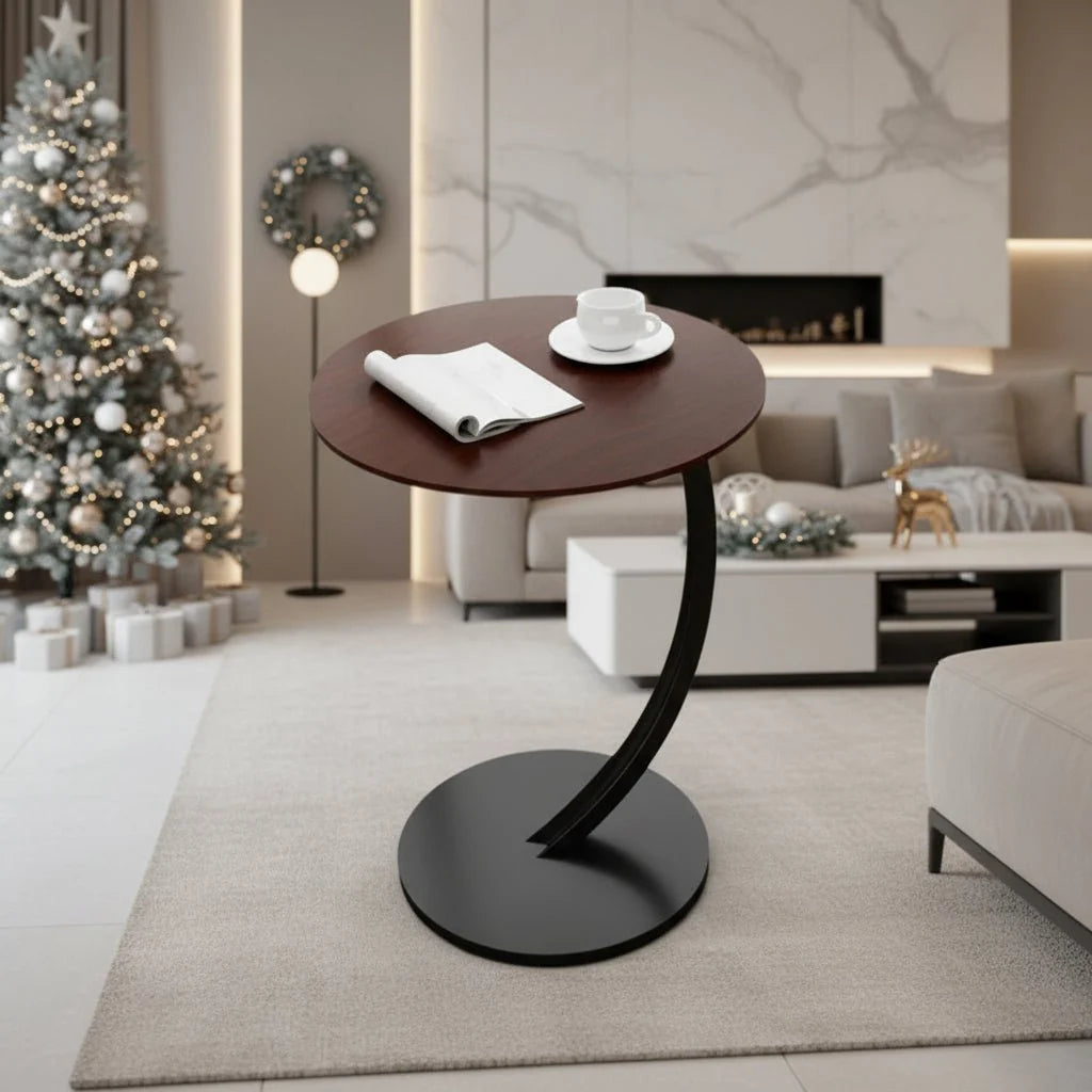 Side Table Wood And Steel Round Design Compact for Small Spaces