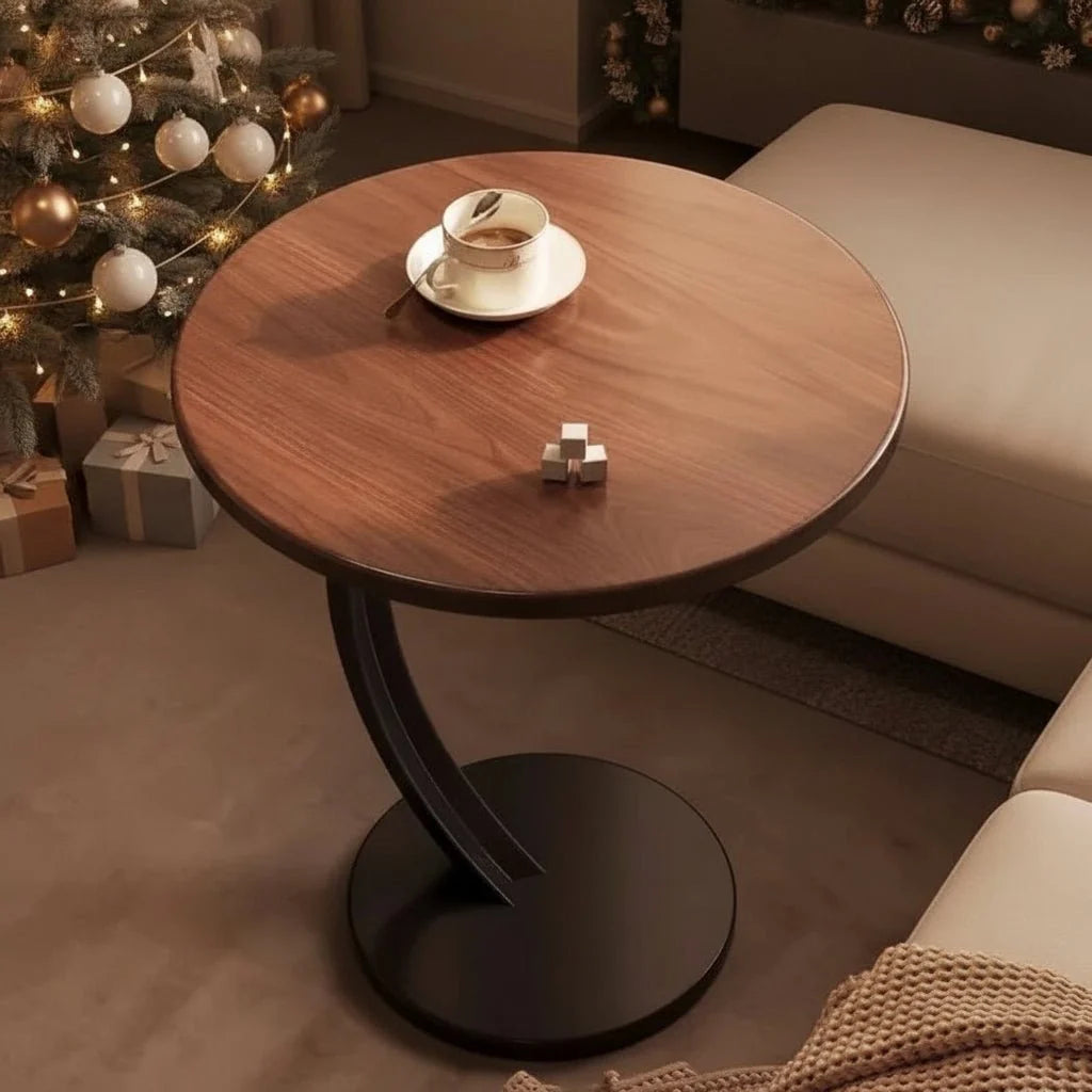 Side Table Wood And Steel Round Design Compact for Small Spaces