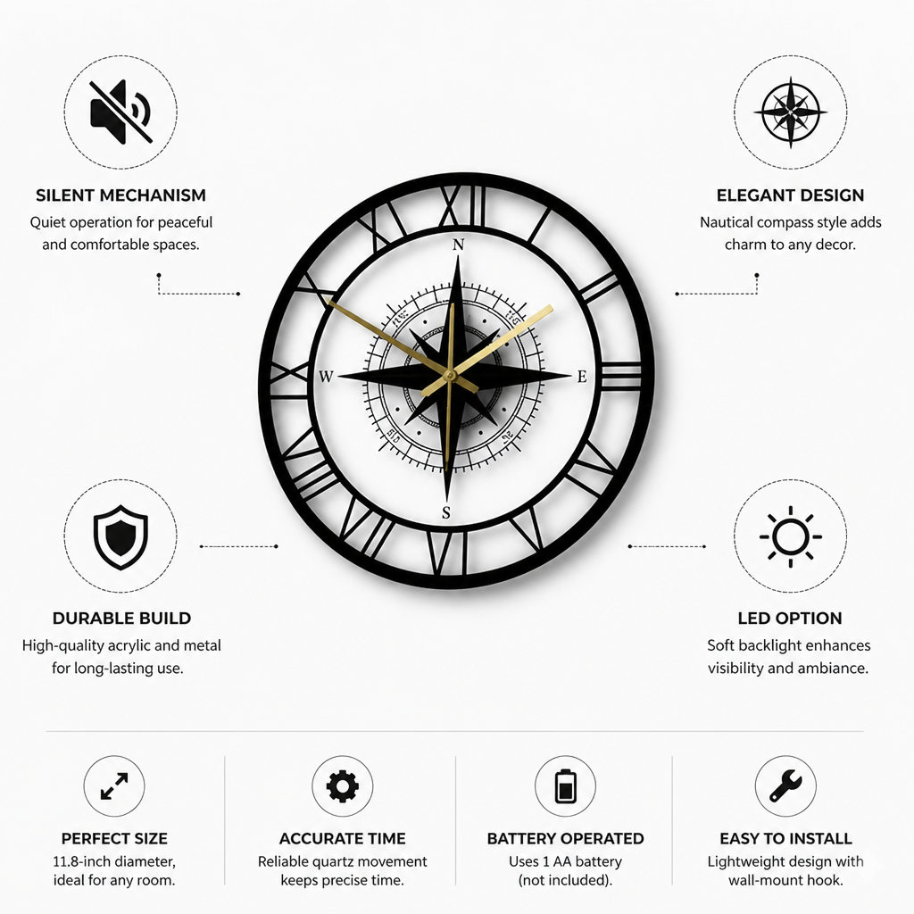 Silent Acrylic Nautical Compass Wall Clock (LED Option)