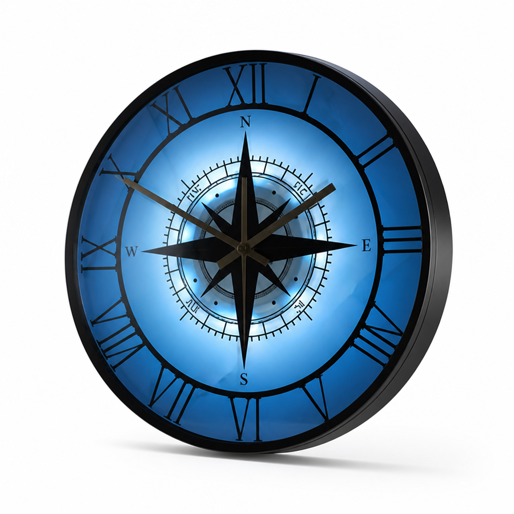 Silent Acrylic Nautical Compass Wall Clock (LED Option)