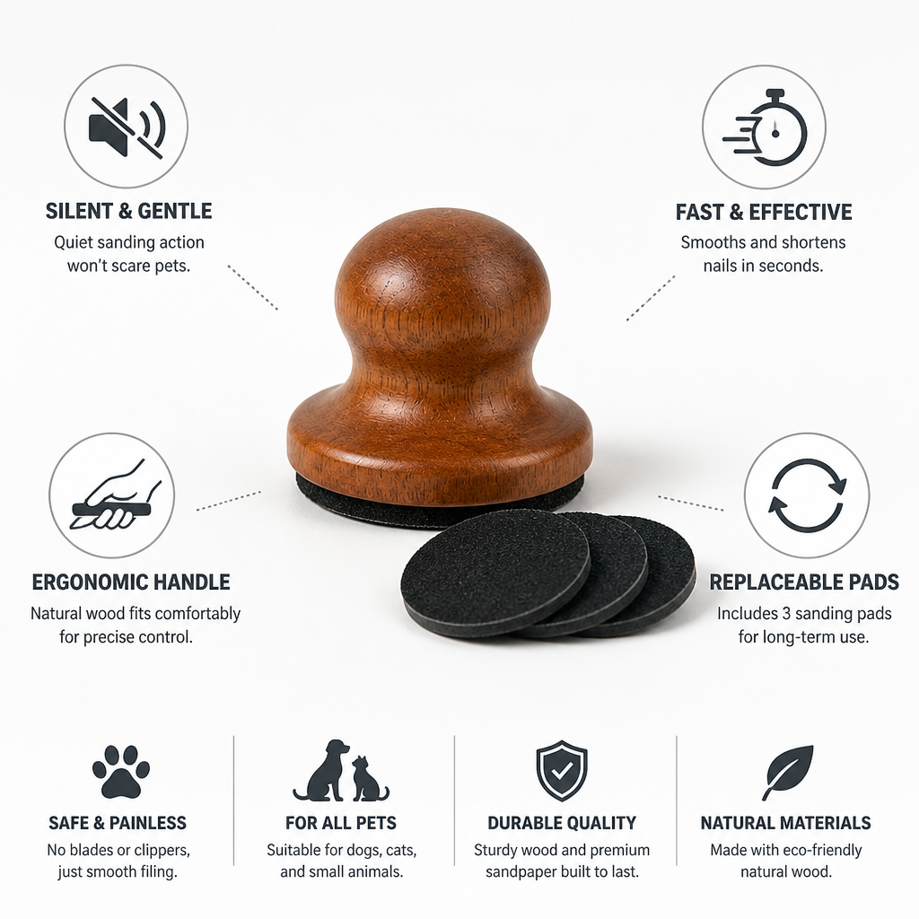 Silent Ergonomic Wooden Pet Nail File (Includes 3 Pads)