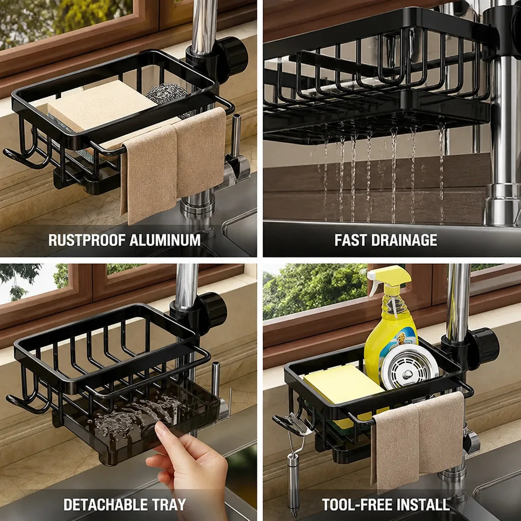 Sink Organizer Rustproof Aluminum Drip Tray & Drain Slots