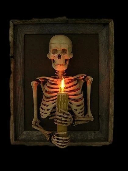 Skeleton Wall Art Framed Life-Size 3D Flickering Candle Light