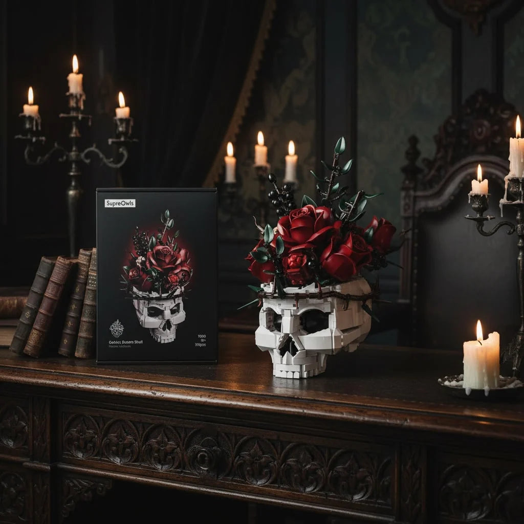 Skull Centerpiece Gothic Preassembled Fabric Petals Weighted Base