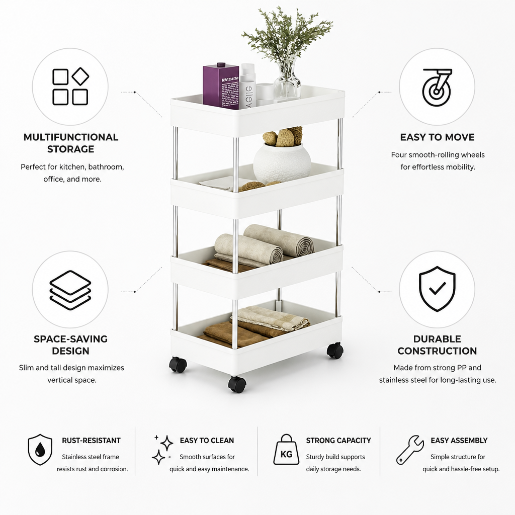 Slim Rolling Stainless Steel Storage Cart