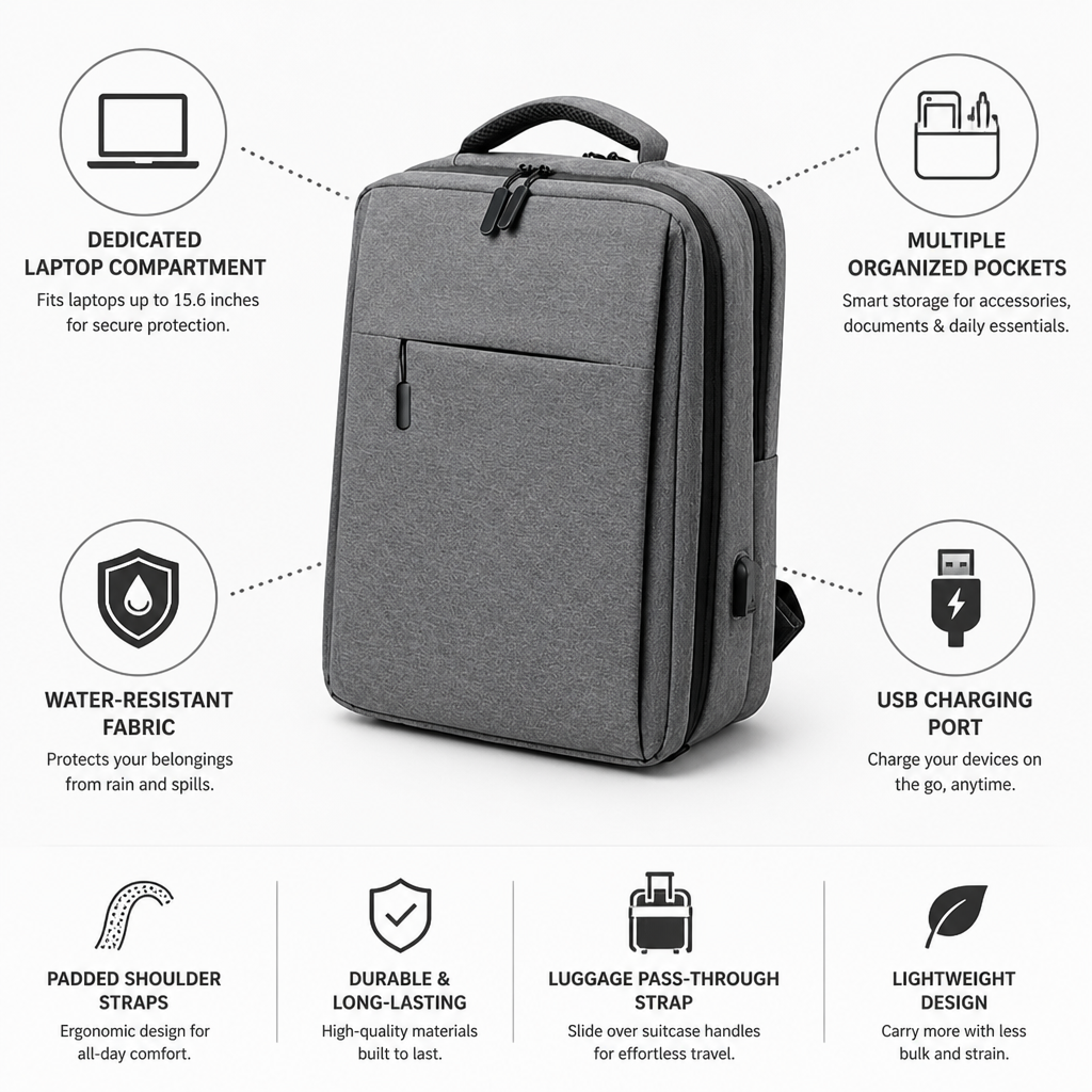 Slim Water-Resistant USB Charging Laptop Backpack