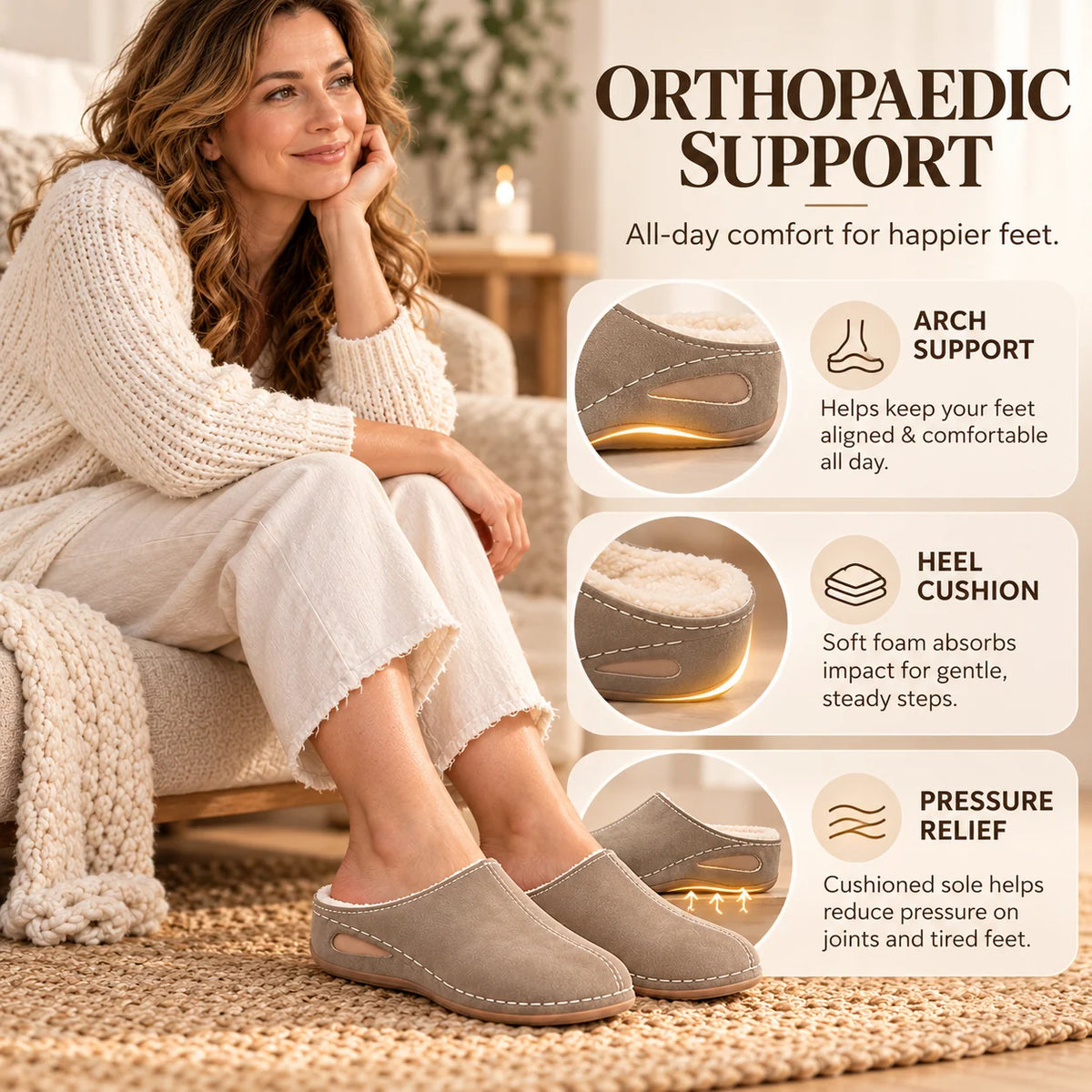 Slippers Plush Lined Arch Support Cushioned Sole