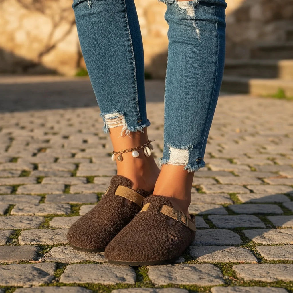 Slippers Plush Lined Non-Slip Rubber Sole Open-Back Mule