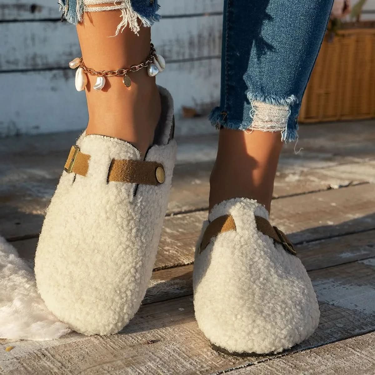 Slippers Plush Lined Non-Slip Rubber Sole Open-Back Mule