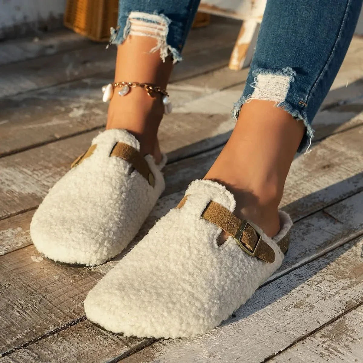 Slippers Sheepskin Lined Non-Slip Rubber Sole Slip-On Mule Design