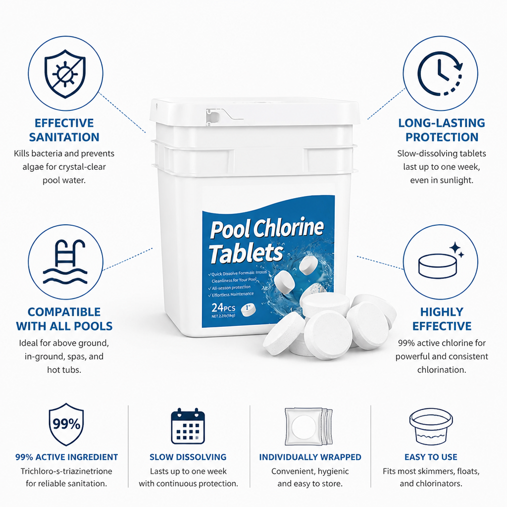 Slow-Dissolving 99% Active Pool Chlorine Tablets (Individually Wrapped)