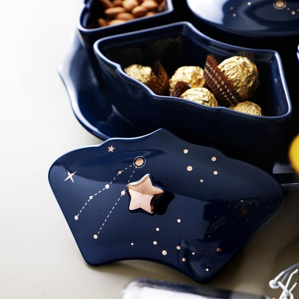 Snack Plate Ceramic Rotating 5 Compartments Starry Sky Design