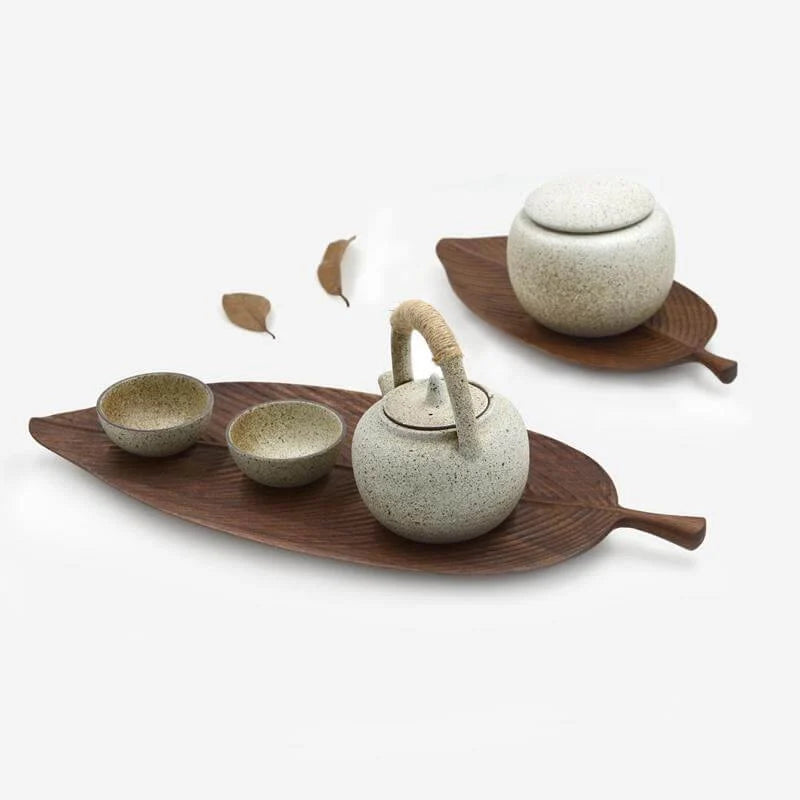 Snack Serving Tray Walnut Wood Leaf-Shaped Design Lined or Smooth Finish