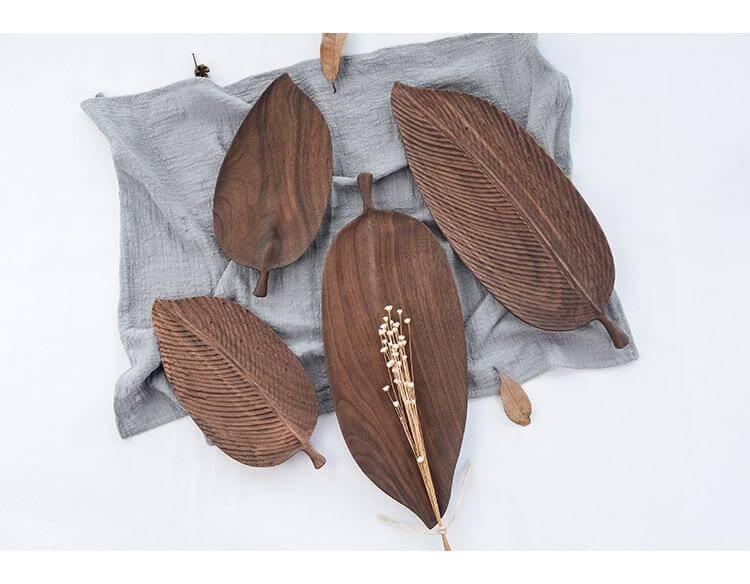 Snack Serving Tray Walnut Wood Leaf-Shaped Design Lined or Smooth Finish
