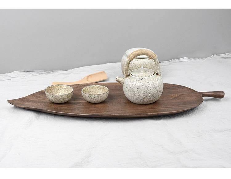 Snack Serving Tray Walnut Wood Leaf-Shaped Design Lined or Smooth Finish