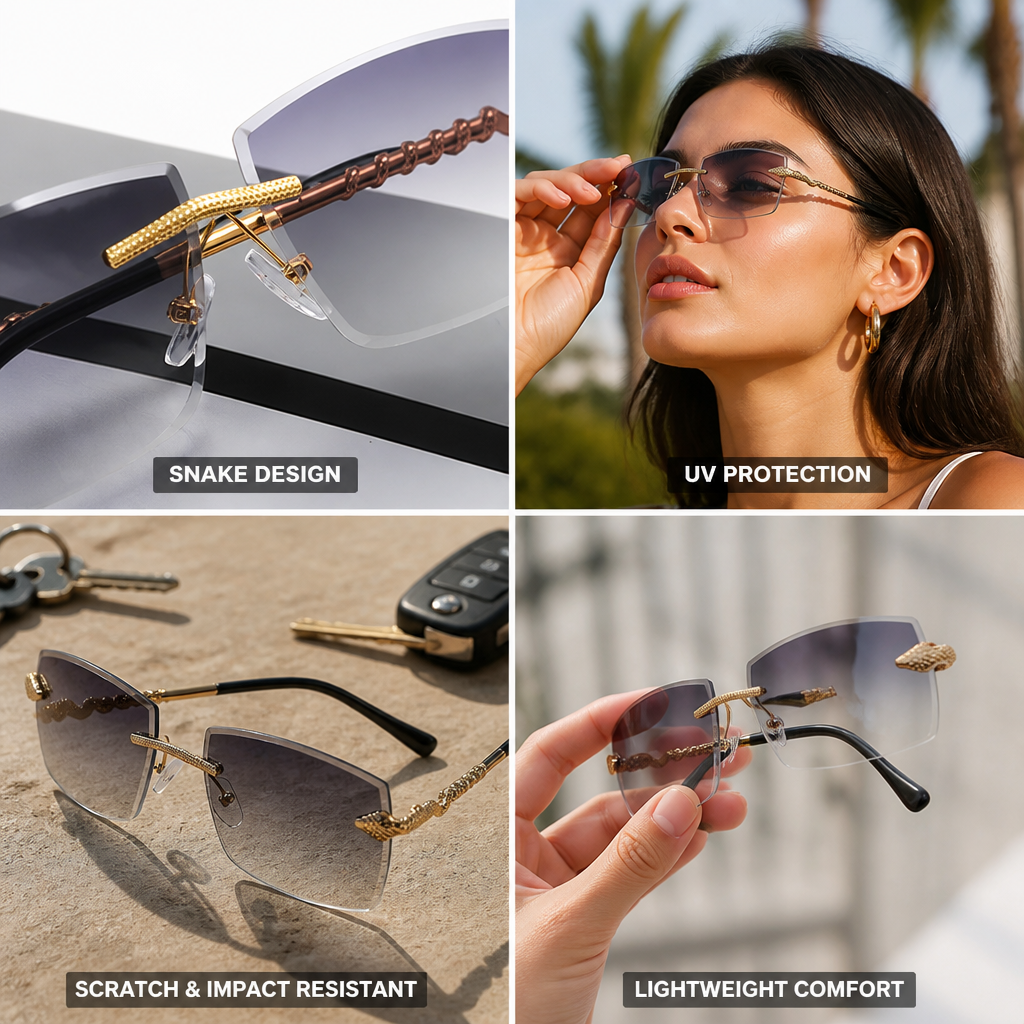Snake-Style Temples & UV-Protective Rimless Sunglasses
