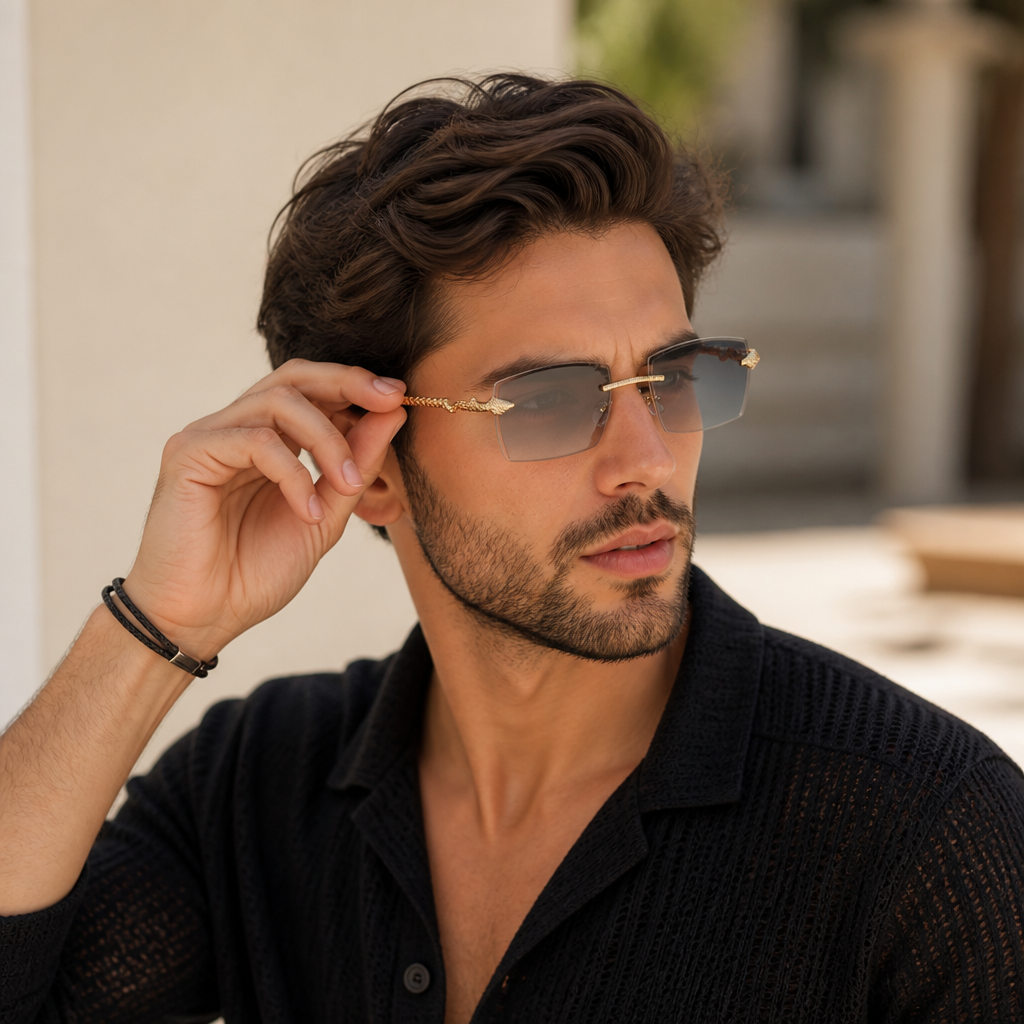 Snake-Style Temples & UV-Protective Rimless Sunglasses