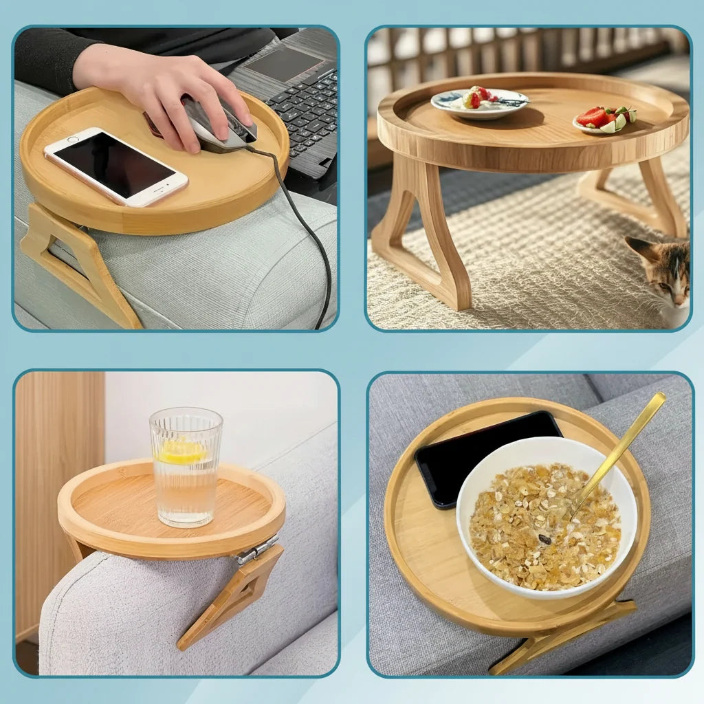 Sofa Armrest Tray Table Foldable Weighted & Strap-Secured