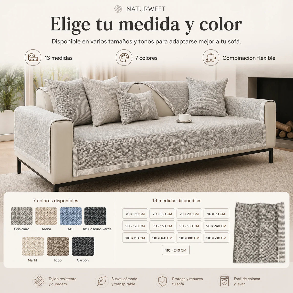 Sofa Cover Modular Quilted Cotton-Linen Non-Slip Backing