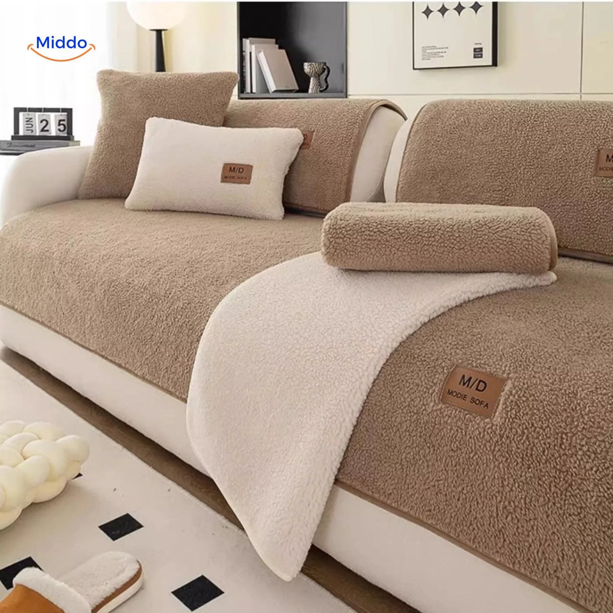 Sofa Cover Plush Faux Fur Non-Slip Backing Wipe-Clean Surface