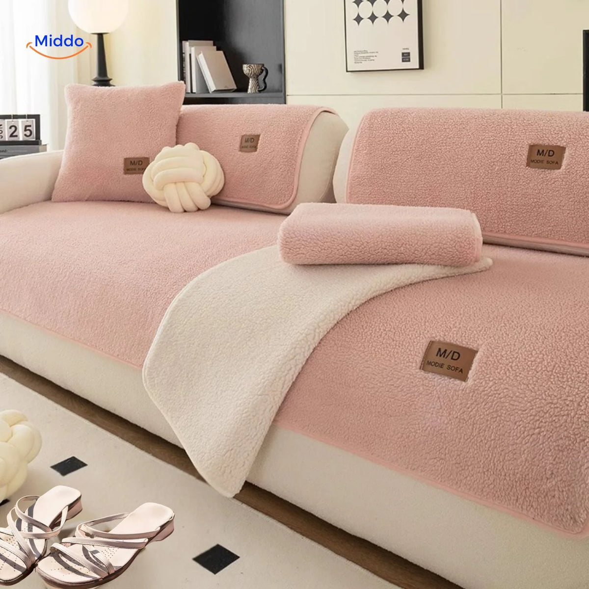 Sofa Cover Plush Faux Fur Non-Slip Backing Wipe-Clean Surface