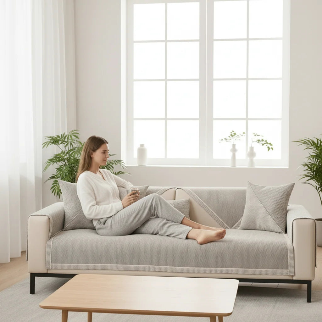 Sofa Cover Quilted Cotton-Linen Blend Non-Slip Backing All-Season Comfort