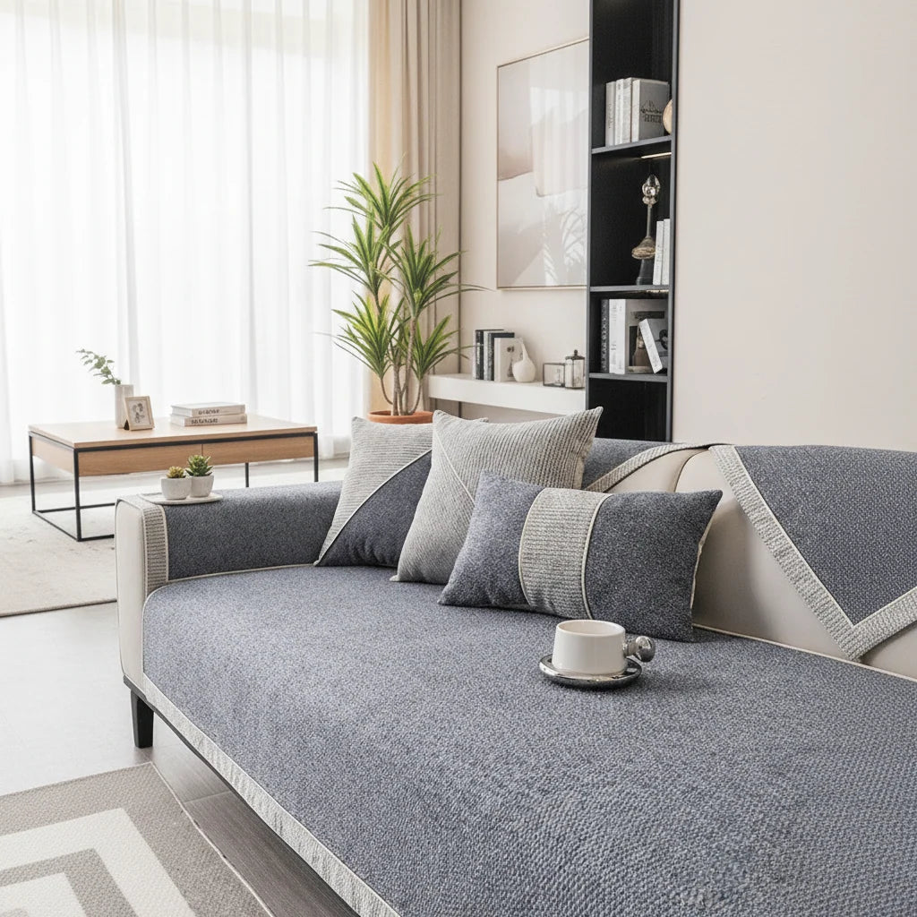 Sofa Cover Quilted Cotton-Linen Blend Non-Slip Backing All-Season Comfort