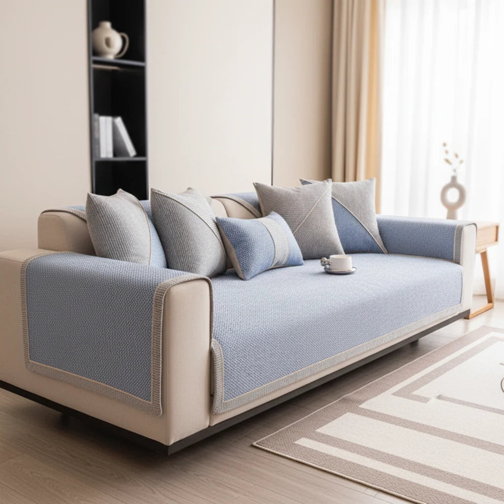Sofa Cover Quilted Cotton-Linen Blend Non-Slip Backing All-Season Comfort
