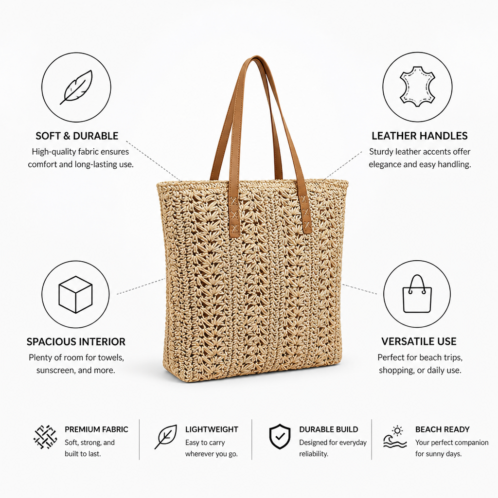 Soft Fabric & Leather Handles Beach Bag