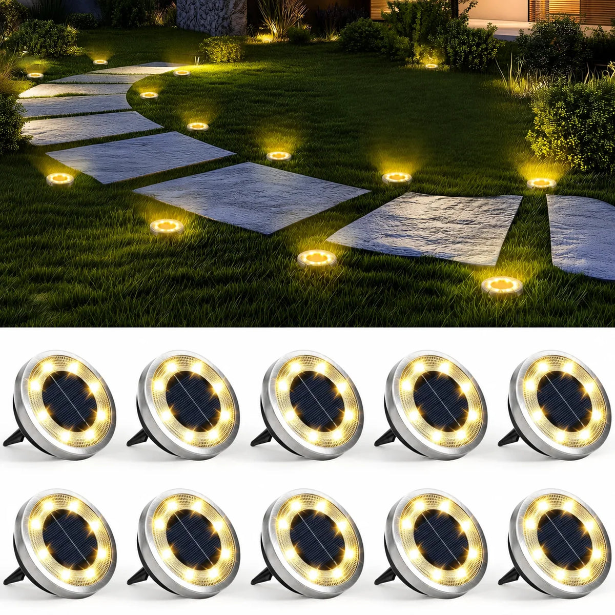 Solar Ground Lights Stainless Steel Dusk-To-Dawn Set of 10
