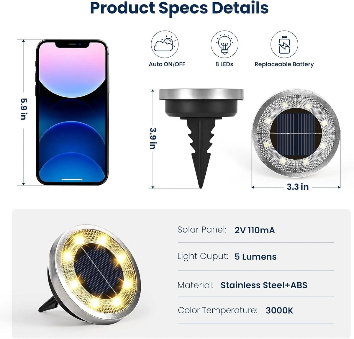 Solar Ground Lights Stainless Steel Dusk-To-Dawn Set of 10