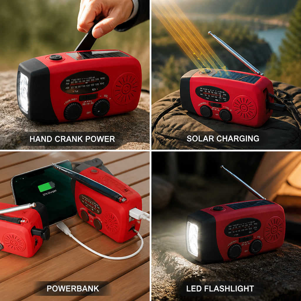Solar & Hand-Crank Emergency Radio (2000mAh Powerbank & LED Flashlight)