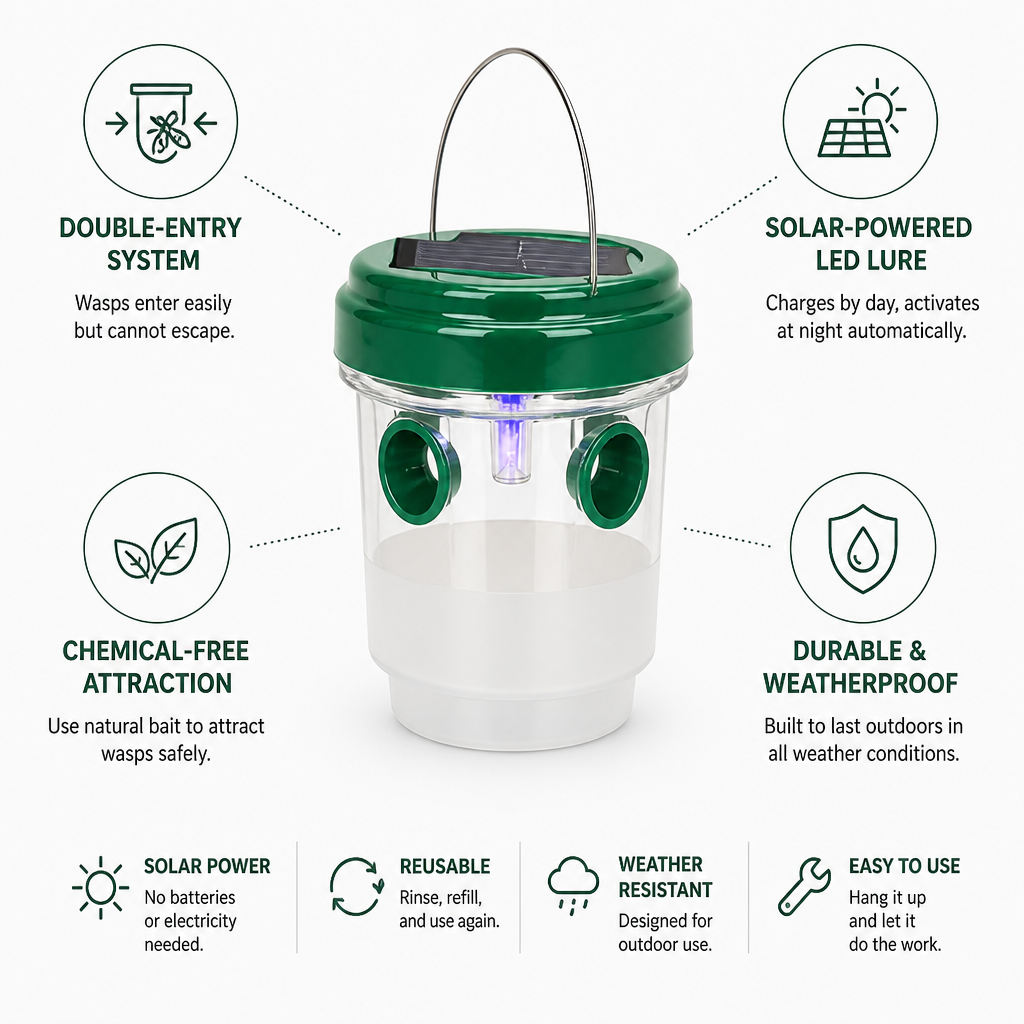 Solar-Powered LED Double-Entry Reusable Wasp Trap