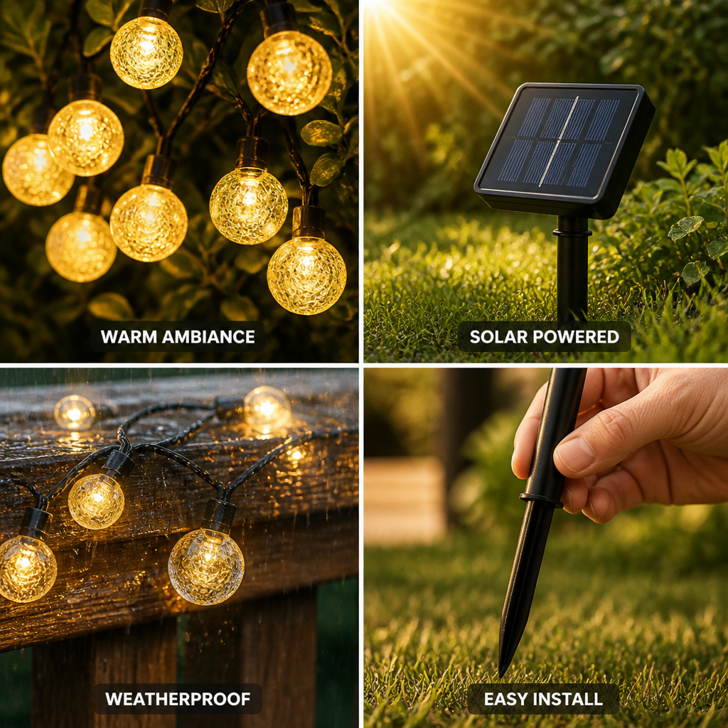 Solar-Powered Warm White Outdoor Ball String Lights