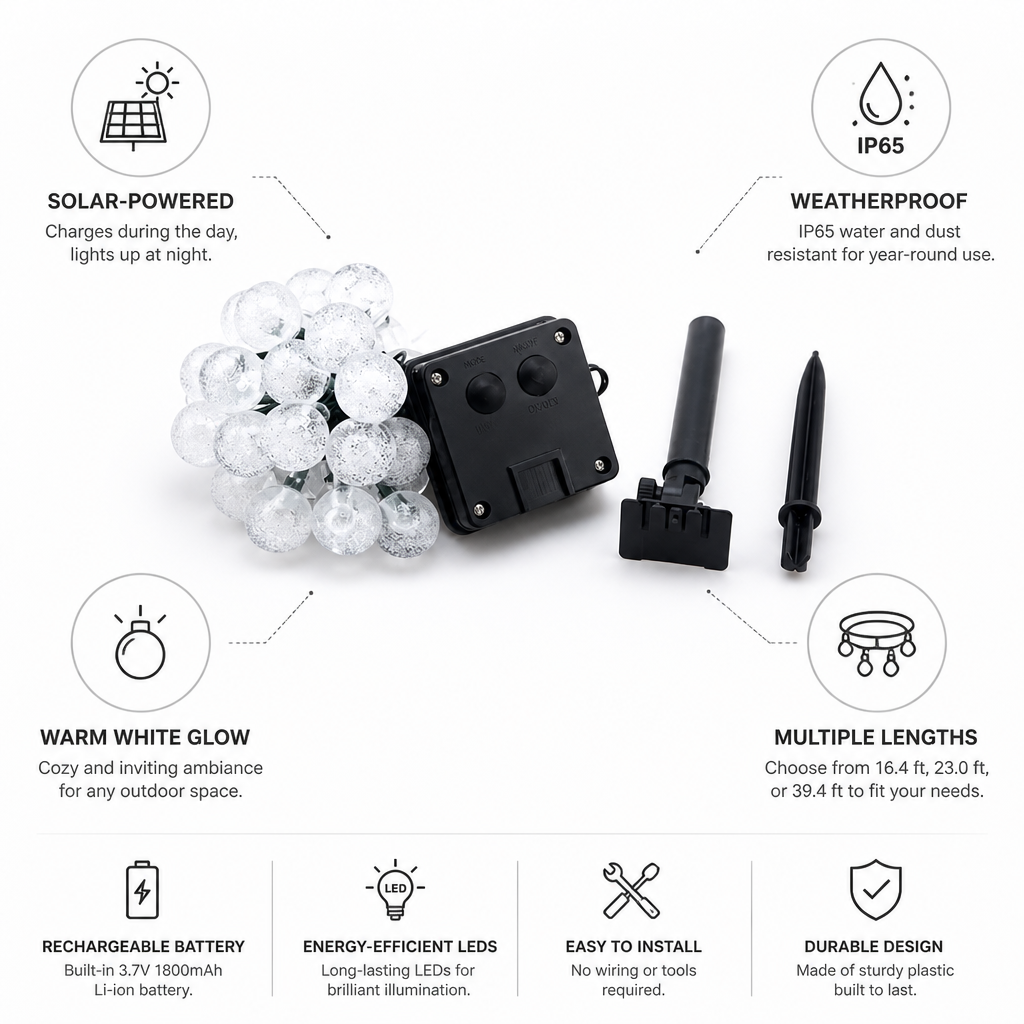 Solar-Powered Warm White Outdoor Ball String Lights