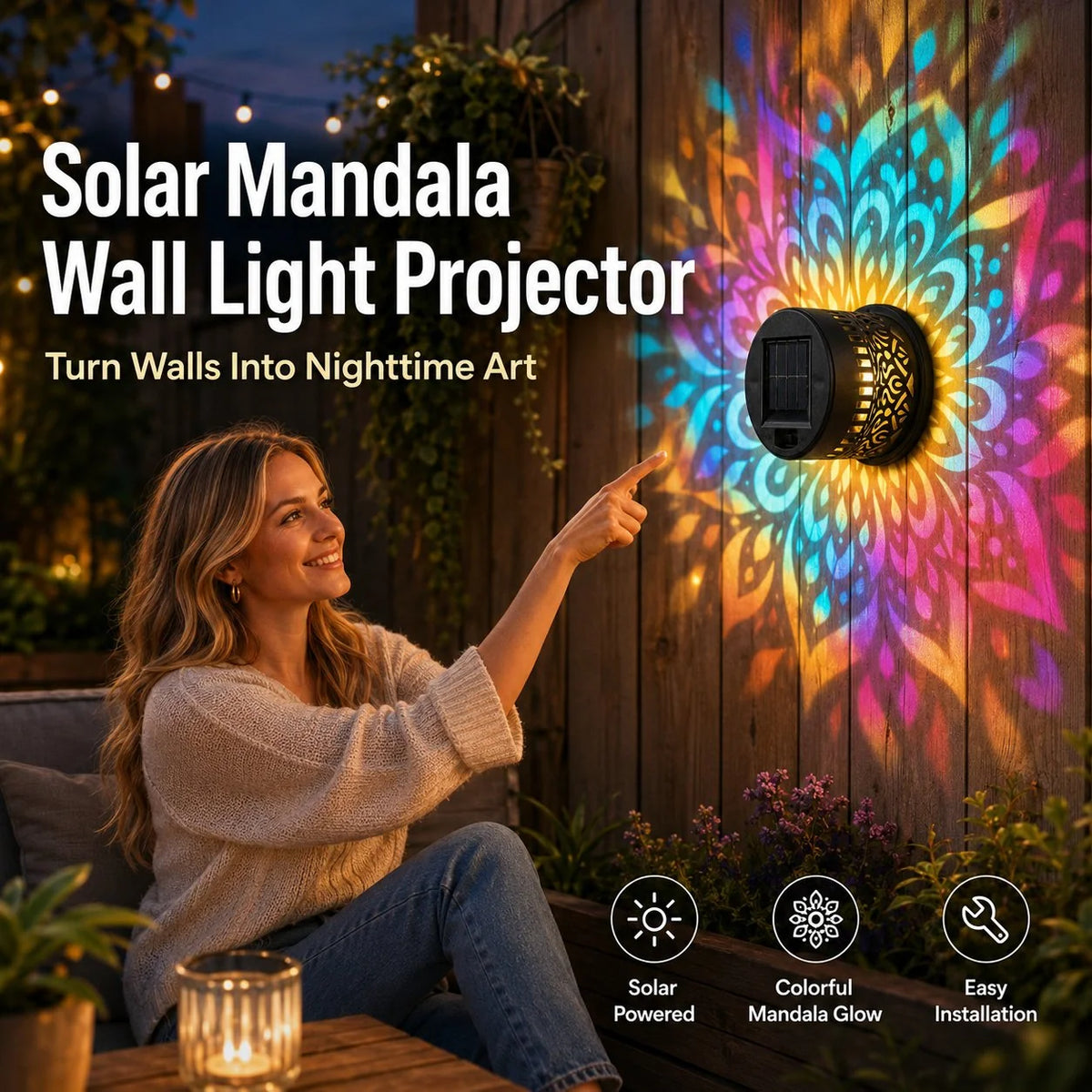 Solar Wall Light Mandala Projection Dusk-to-Dawn Sensor