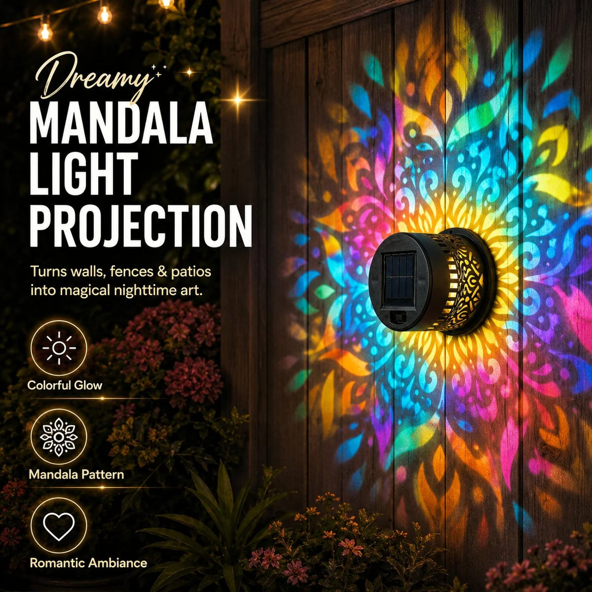 Solar Wall Light Mandala Projection Dusk-to-Dawn Sensor