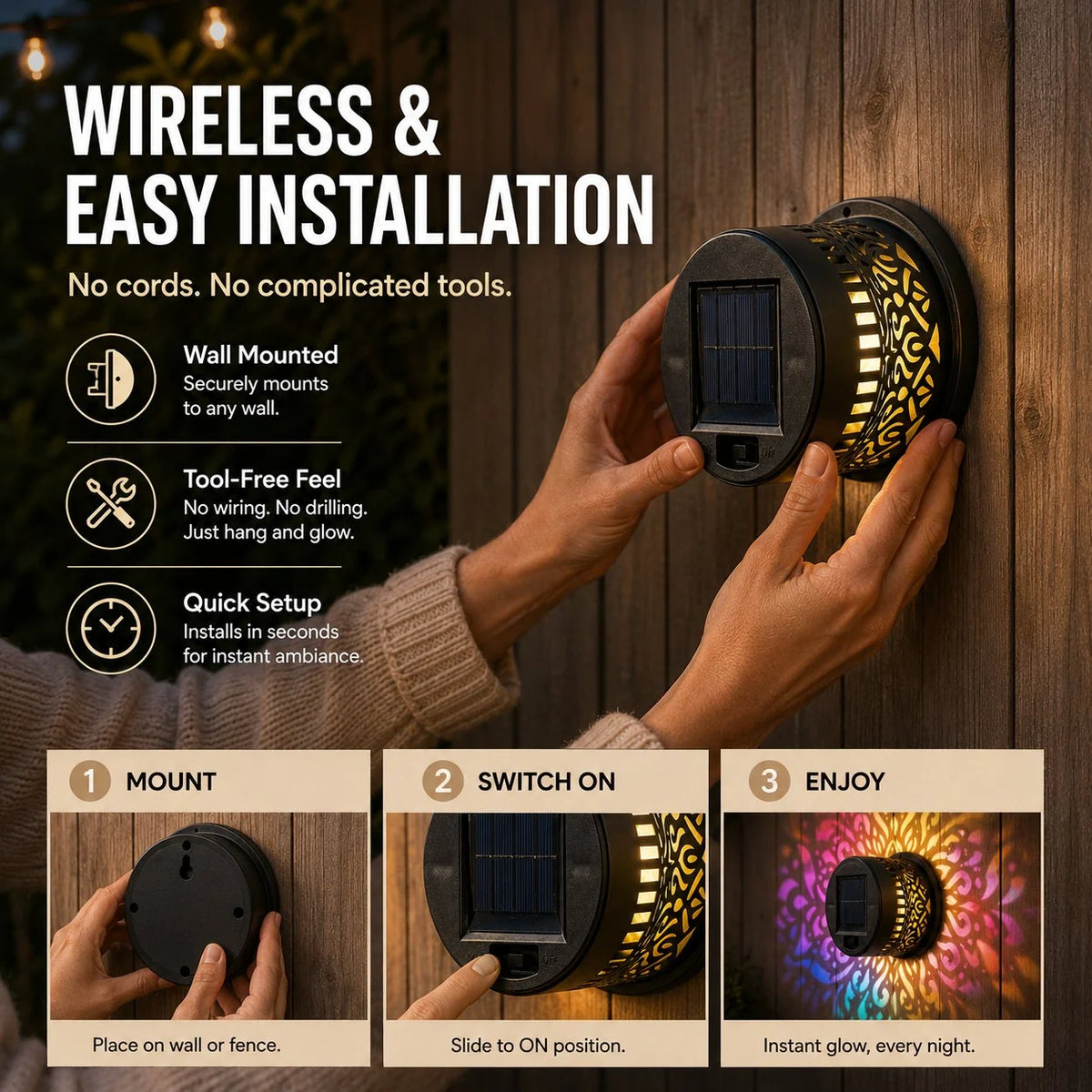 Solar Wall Light Mandala Projection Dusk-to-Dawn Sensor