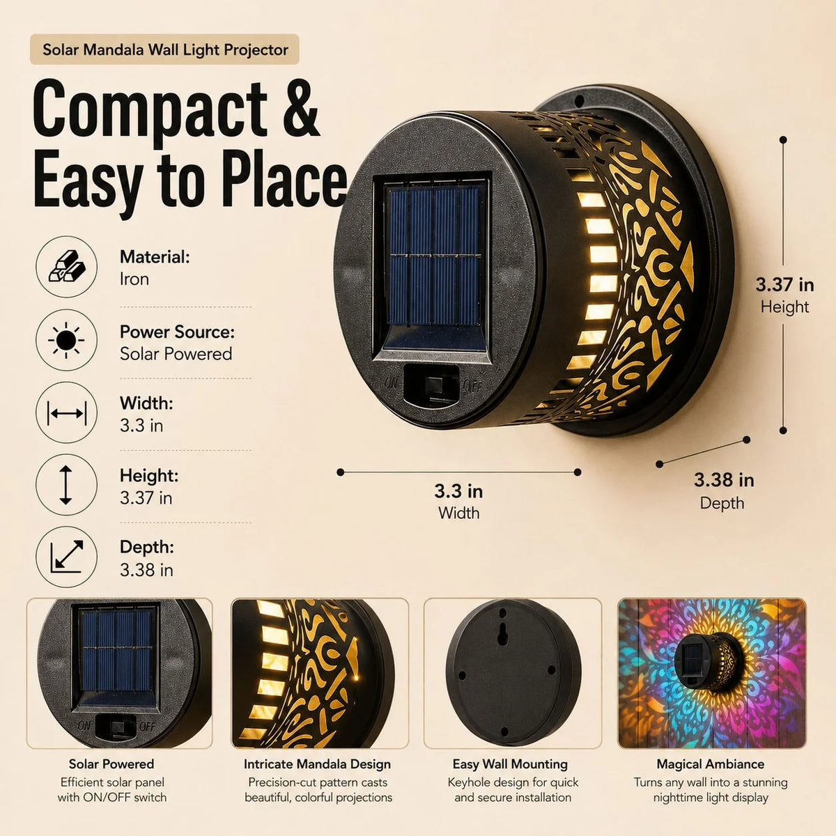 Solar Wall Light Mandala Projection Dusk-to-Dawn Sensor