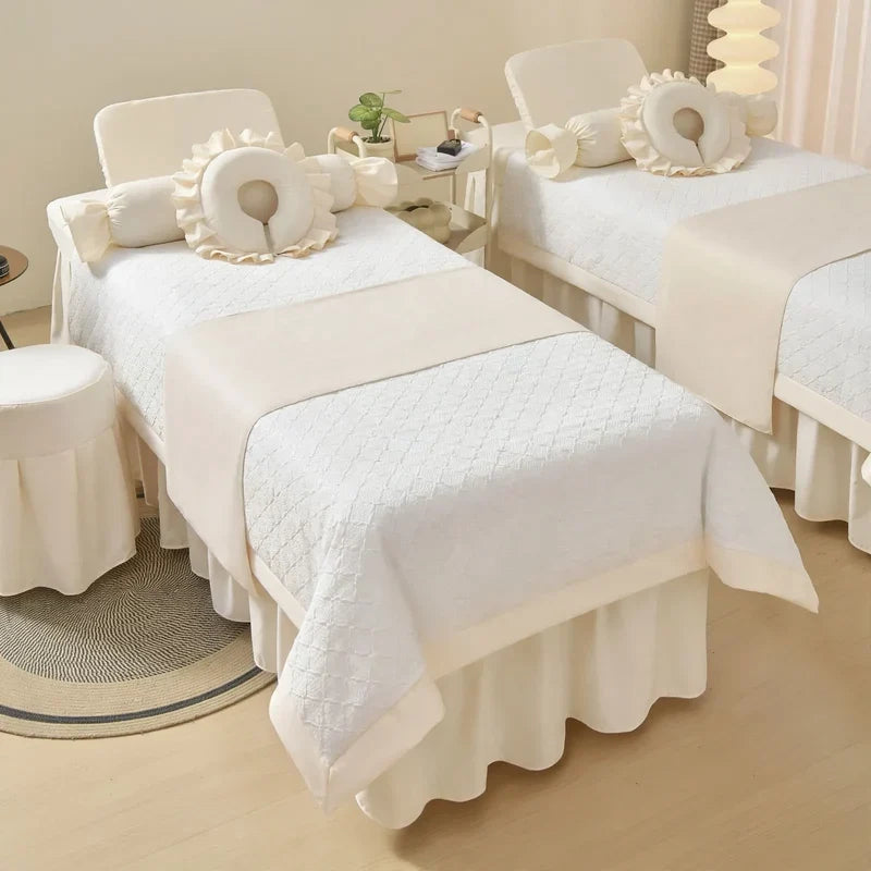 Spa Bed Linen Set Heavy-Duty 4-Piece Cream Geometric