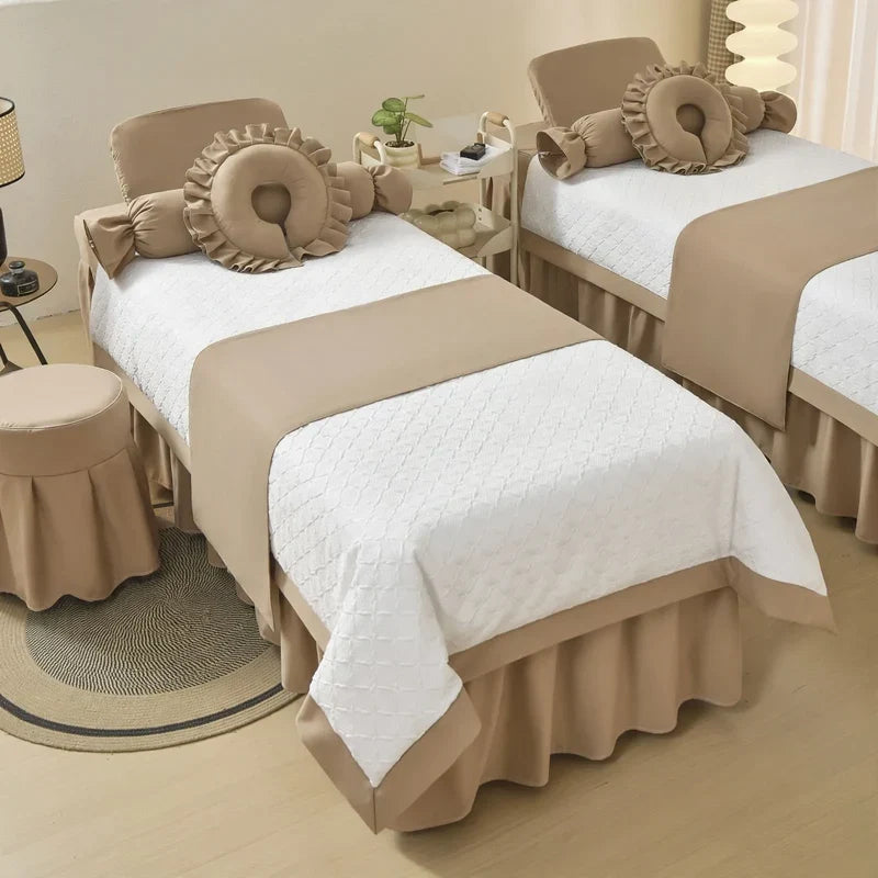Spa Bed Linen Set Heavy-Duty 4-Piece Cream Geometric