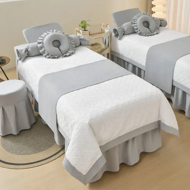 Spa Bed Linen Set Heavy-Duty 4-Piece Cream Geometric