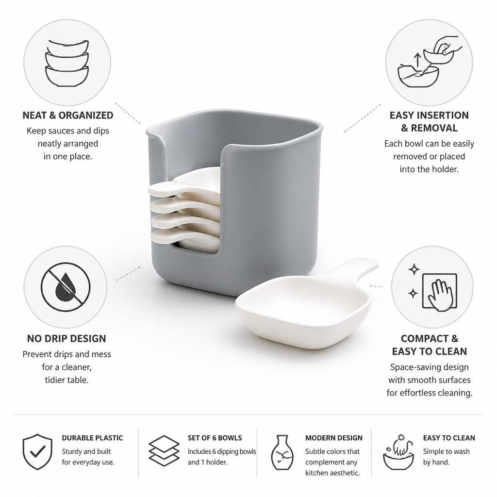 Space-Saving No-Drip Dip Bowl Set With Holder (Set of 6)