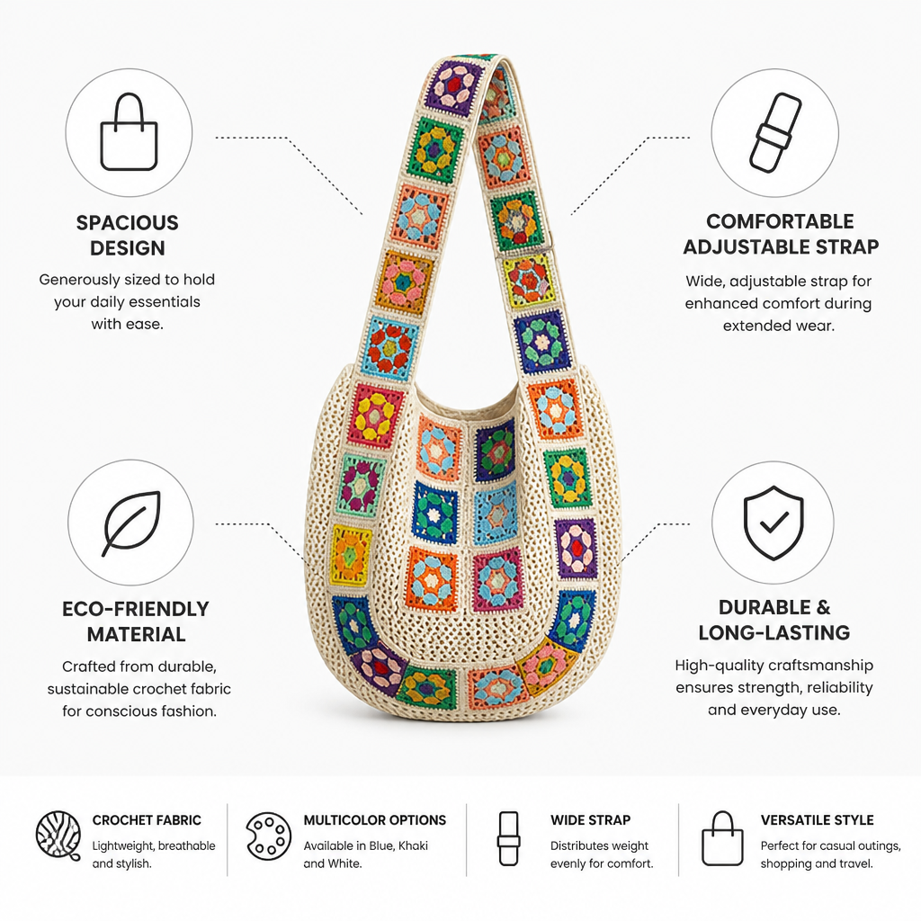 Spacious Eco-Friendly Crochet Sling Bag (Adjustable Strap)